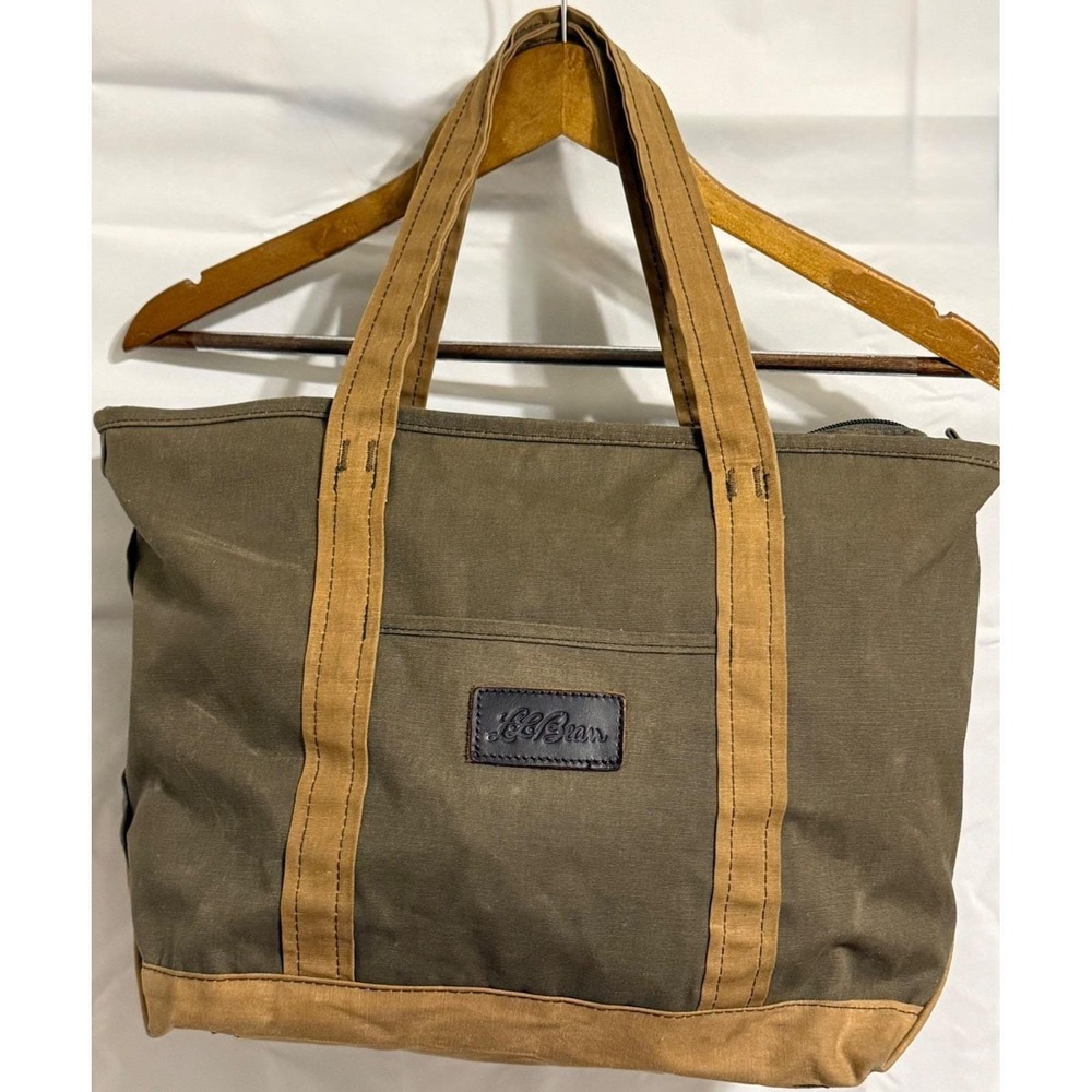 Y2K LL Bean Waxed Olive Green Canvas Tote Bag Lined Zip Top Utility Travel